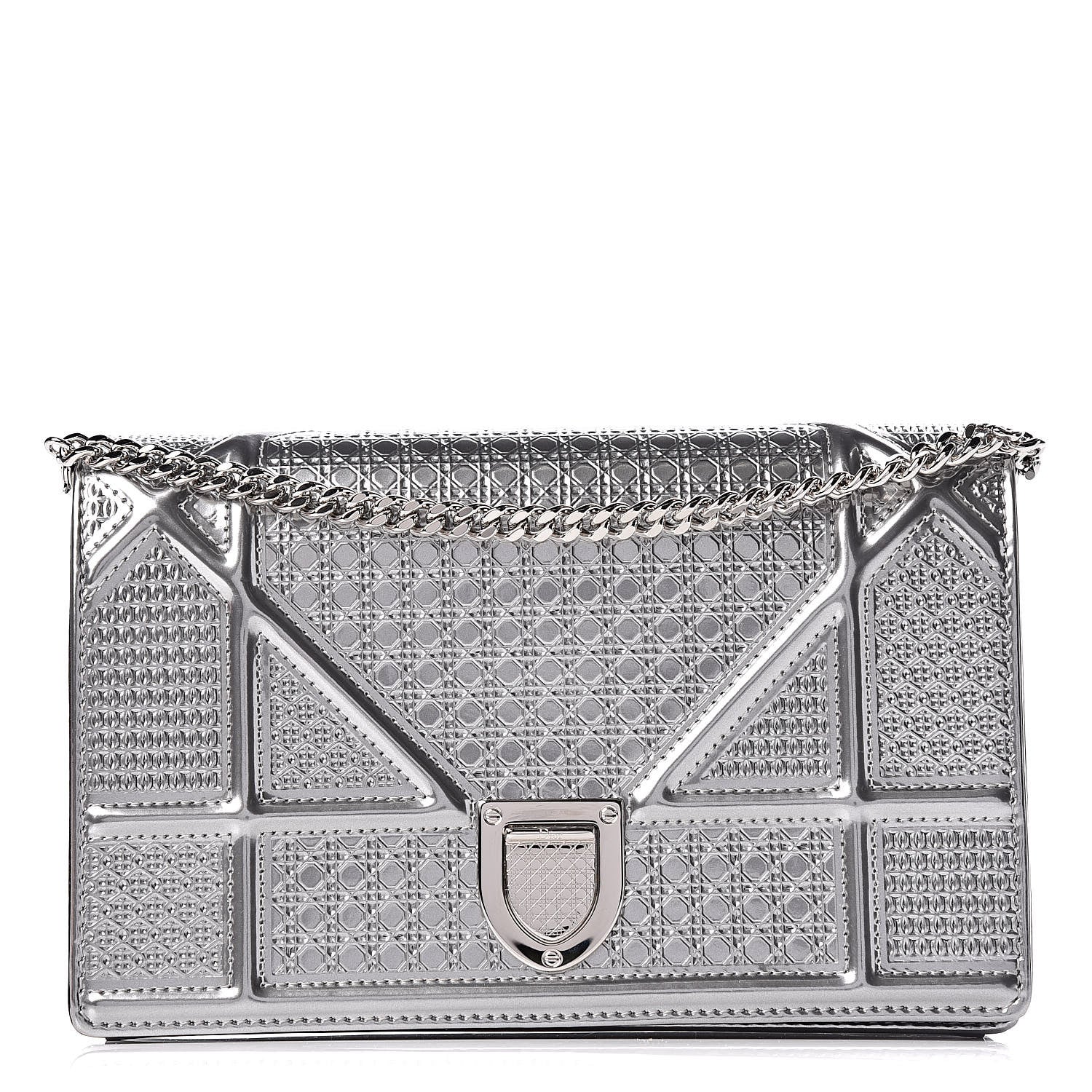 Christian Dior Metallic Patent Micro-Cannage Diorama Wallet on Chain Pouch Silver 1 of 9