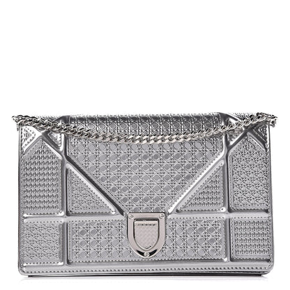Christian Dior Metallic Patent Micro-Cannage Diorama Wallet on Chain Pouch Silver 1 of 9