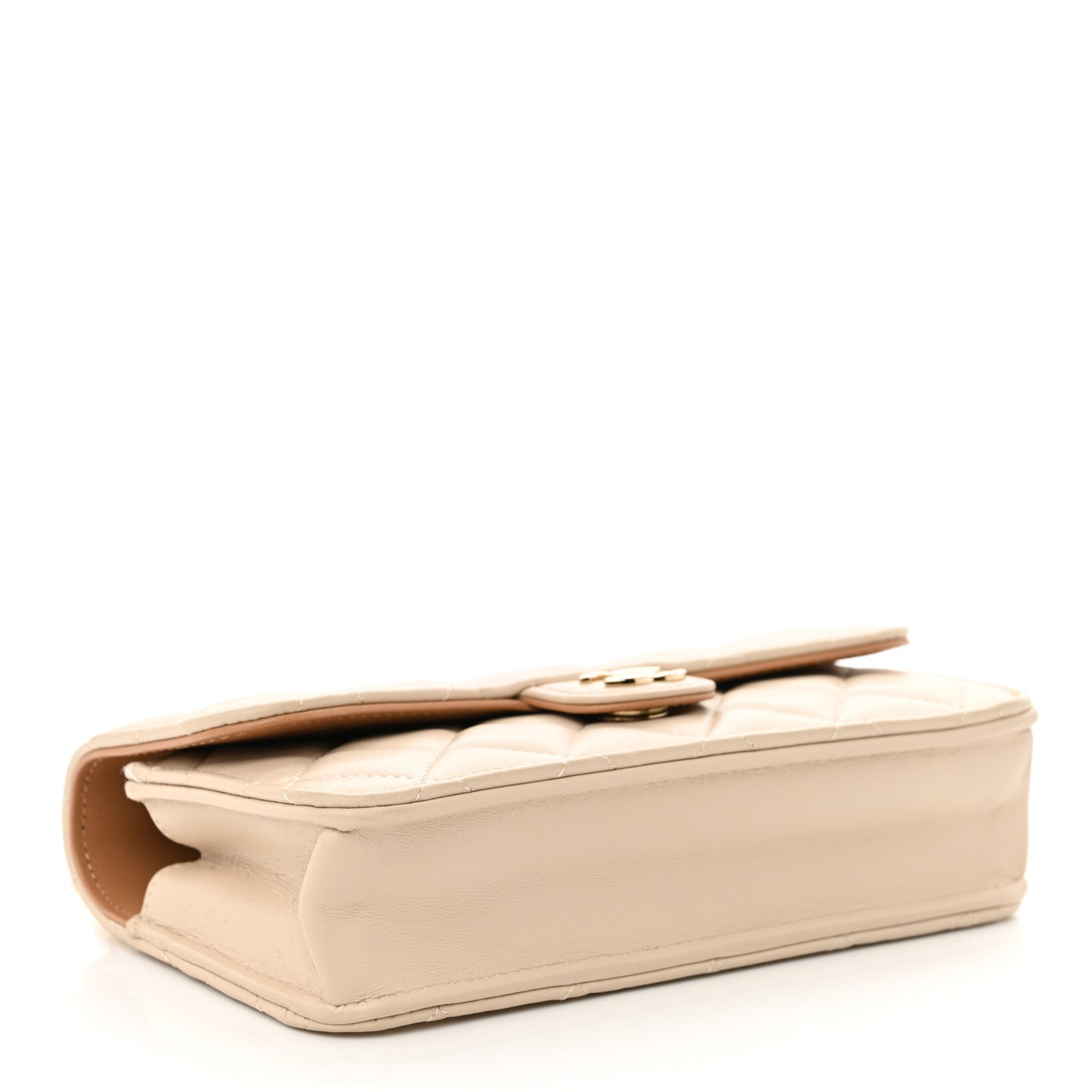 Lambskin Quilted Flap Phone Holder With Chain Ecru Dark Beige