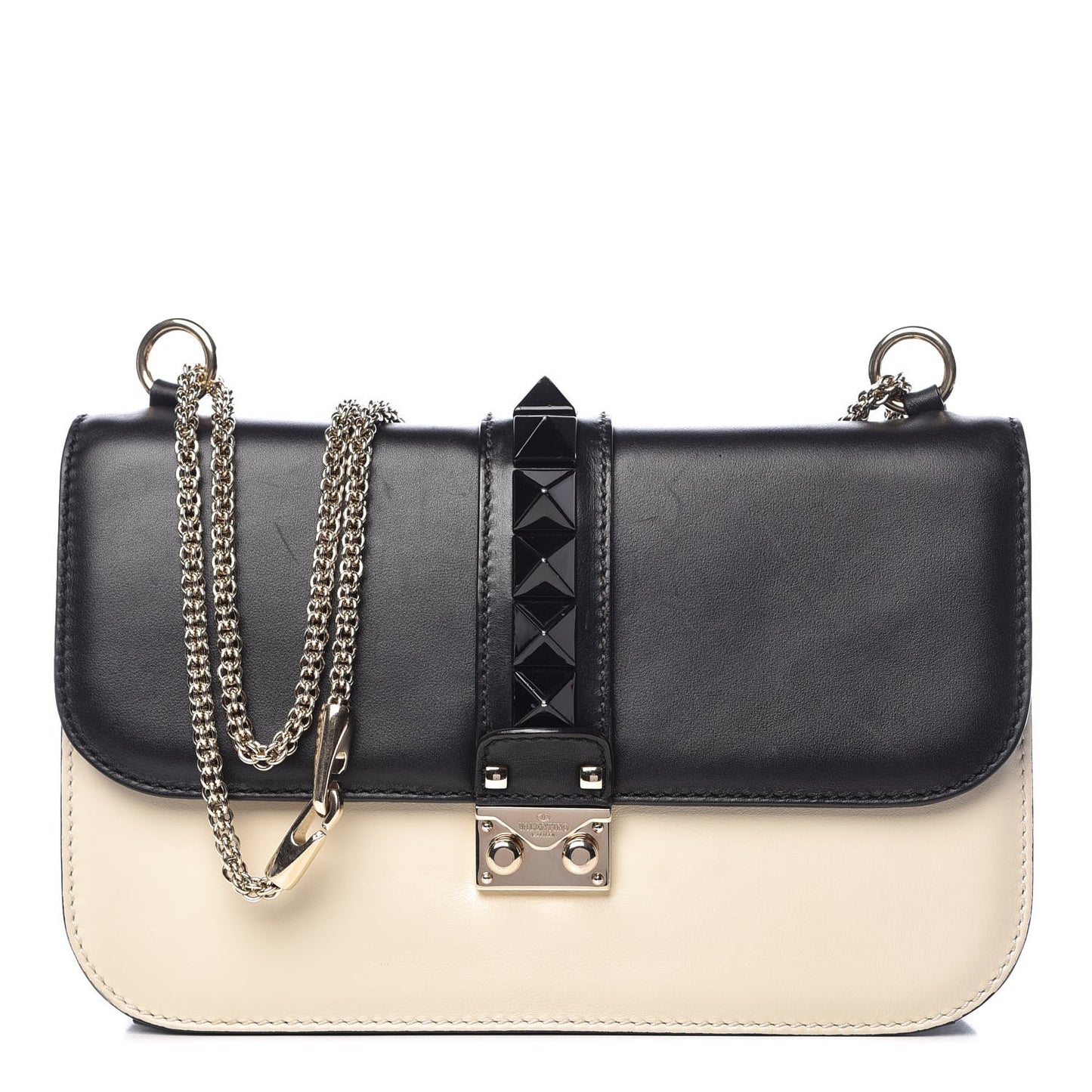 Vitello Medium Glam Lock Rockstud Flap Black Light Ivory
