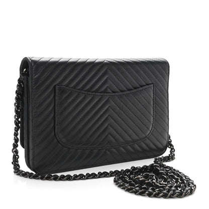 Chanel Lambskin Chevron Quilted Wallet On Chain WOC So Black 3 of 12