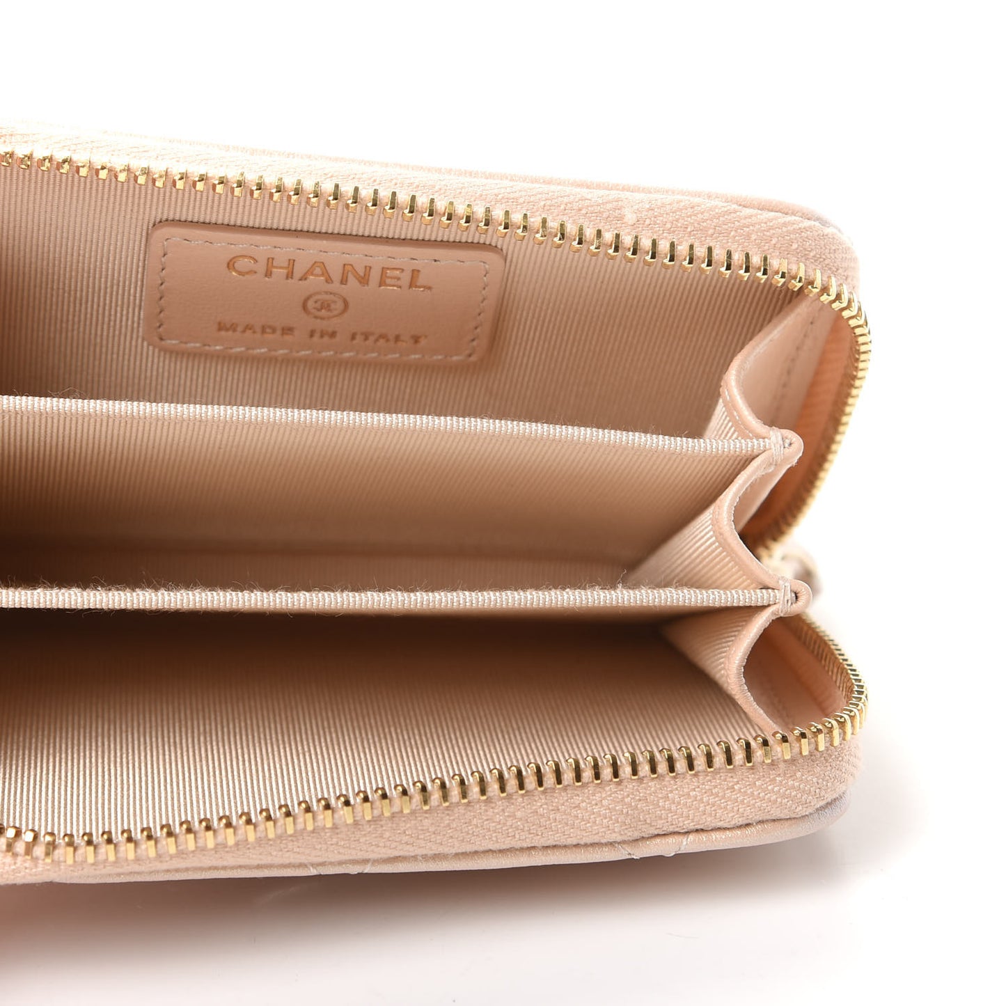 Iridescent Calfskin Quilted Zip Coin Purse Wallet Beige
