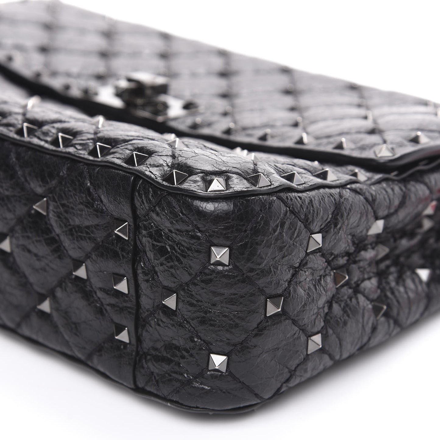 Craquele Nappa Medium Rockstud Spike Shoulder Bag Black