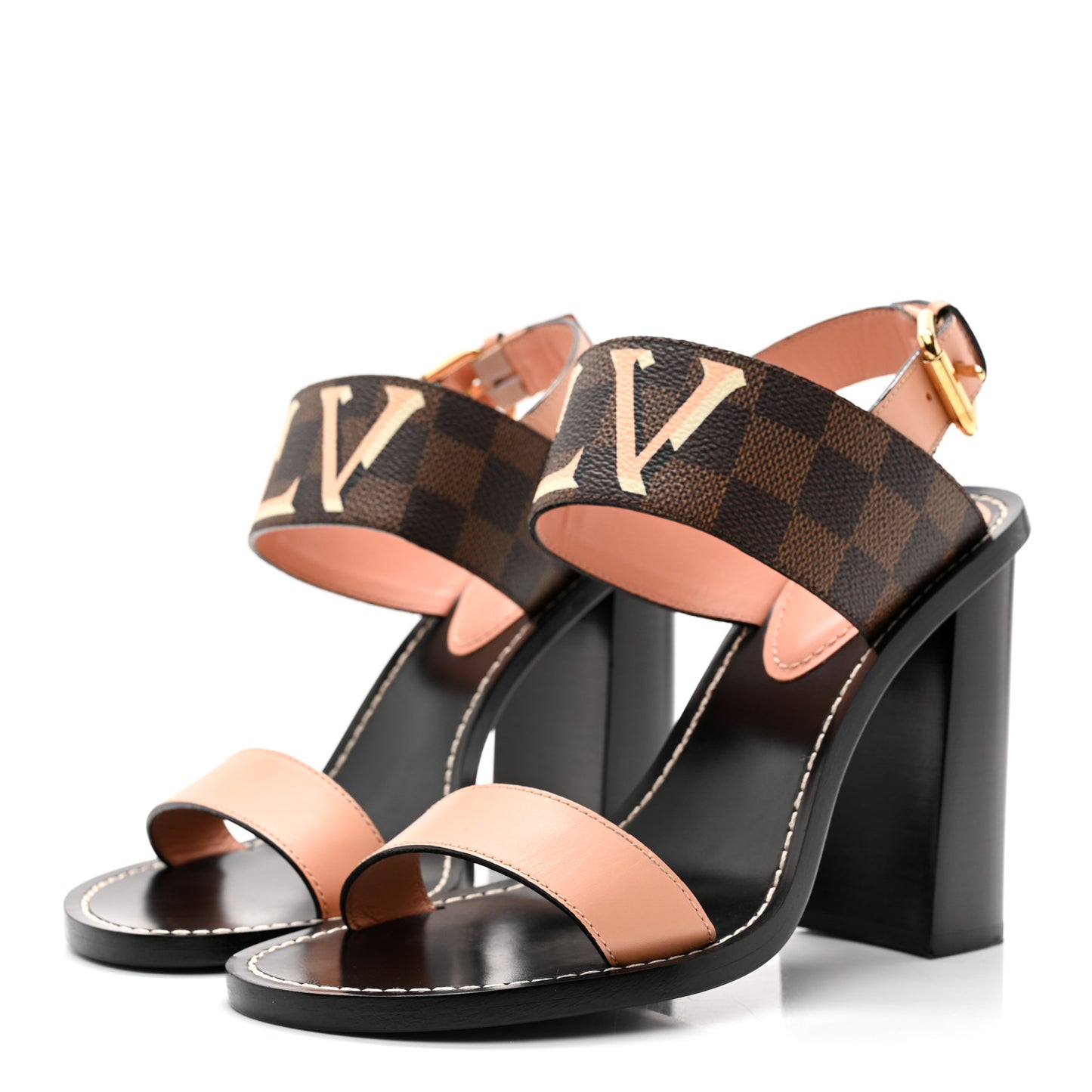 Calfskin Damier Ebene Passenger Heeled Sandals 38.5 Venus Pink