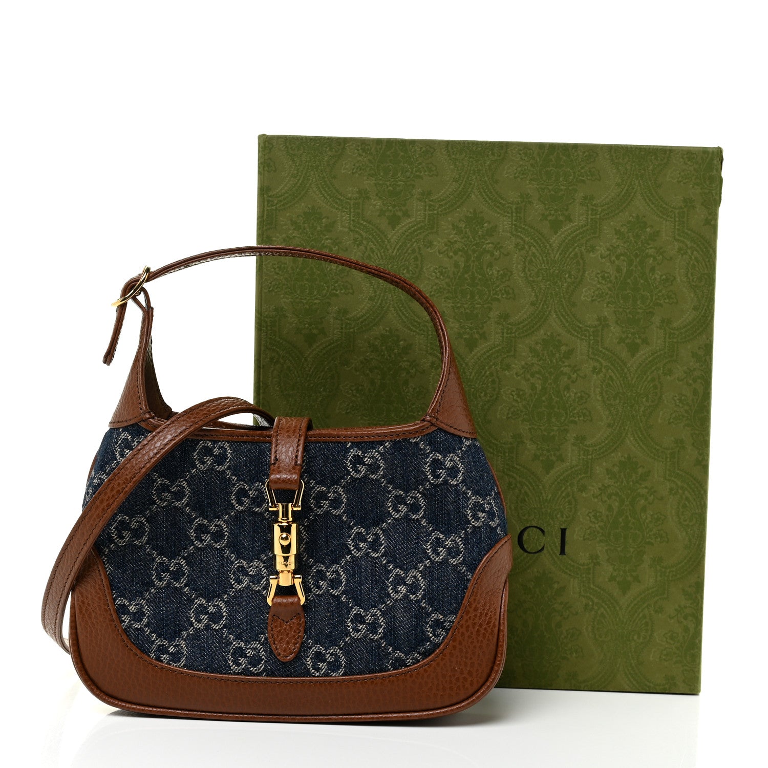 Gucci New Denim GG Monogram Calfskin Mini Jackie 1961 Hobo Blue Tea Cuir 11 of 11