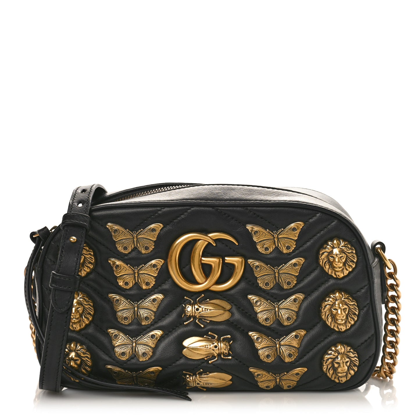 Calfskin Matelasse Animal Studs Small GG Marmont Chain Shoulder Bag Black
