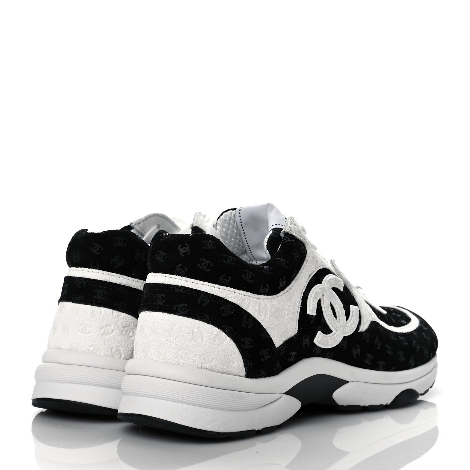 Chanel Suede Calfskin Womens CC Printed Sneakers 38 Black White 4 of 8