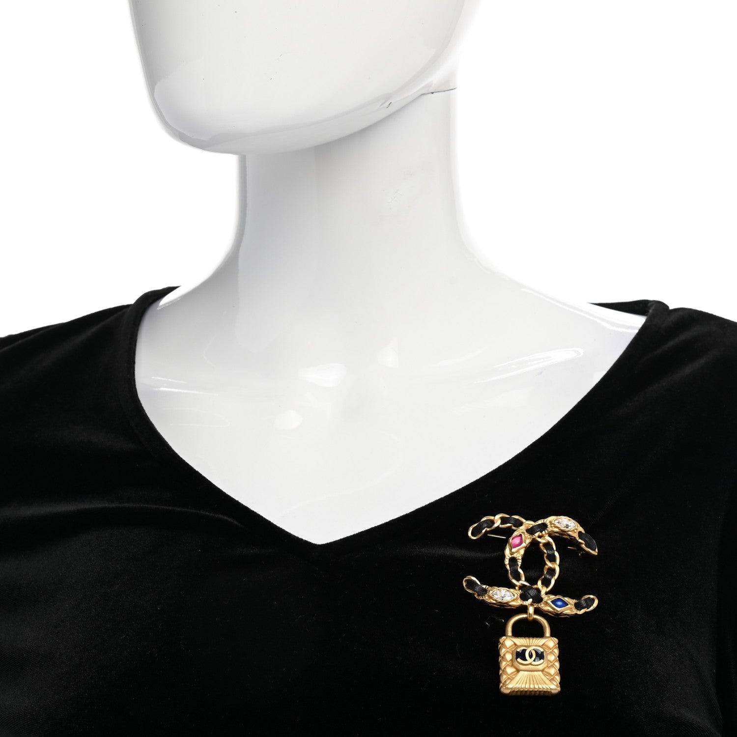 Chanel Lambskin Crystal Chain CC Quilted Padlock Brooch Black Gold Multicolor 2 of 5