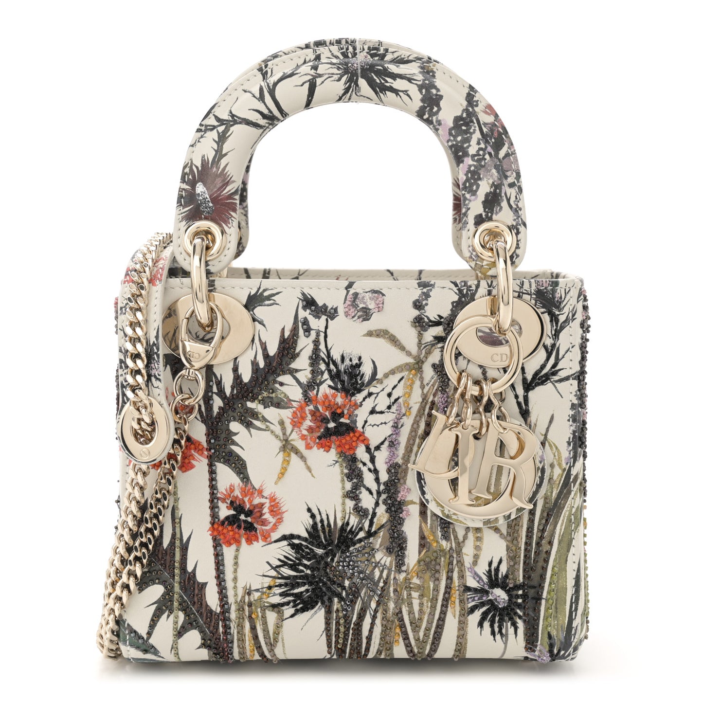 Calfskin Beaded Embroidered Jardin Naturel Mini Lady Dior White Multicolor