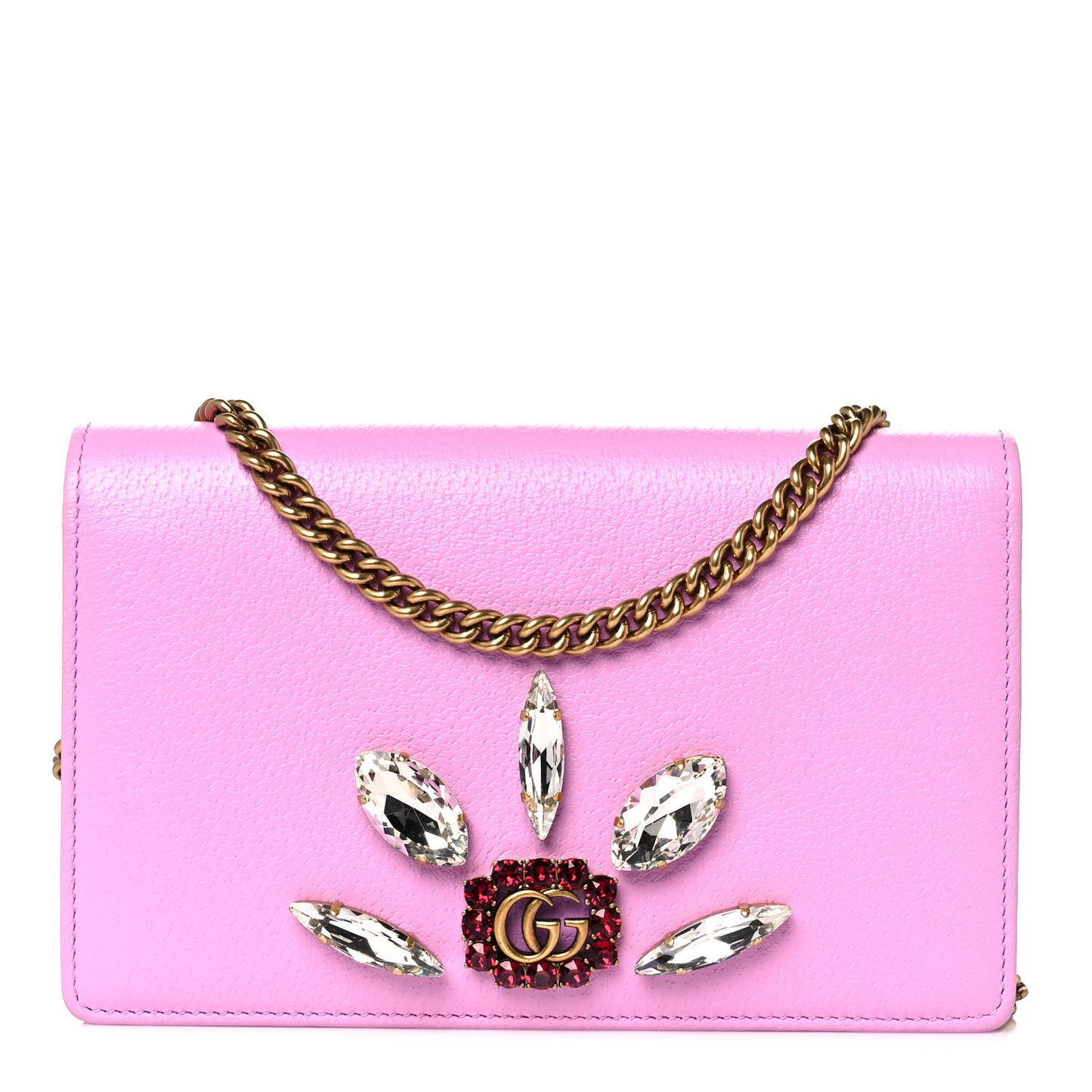 Calfskin Marquise Crystals Mini GG Chain Wallet Malva