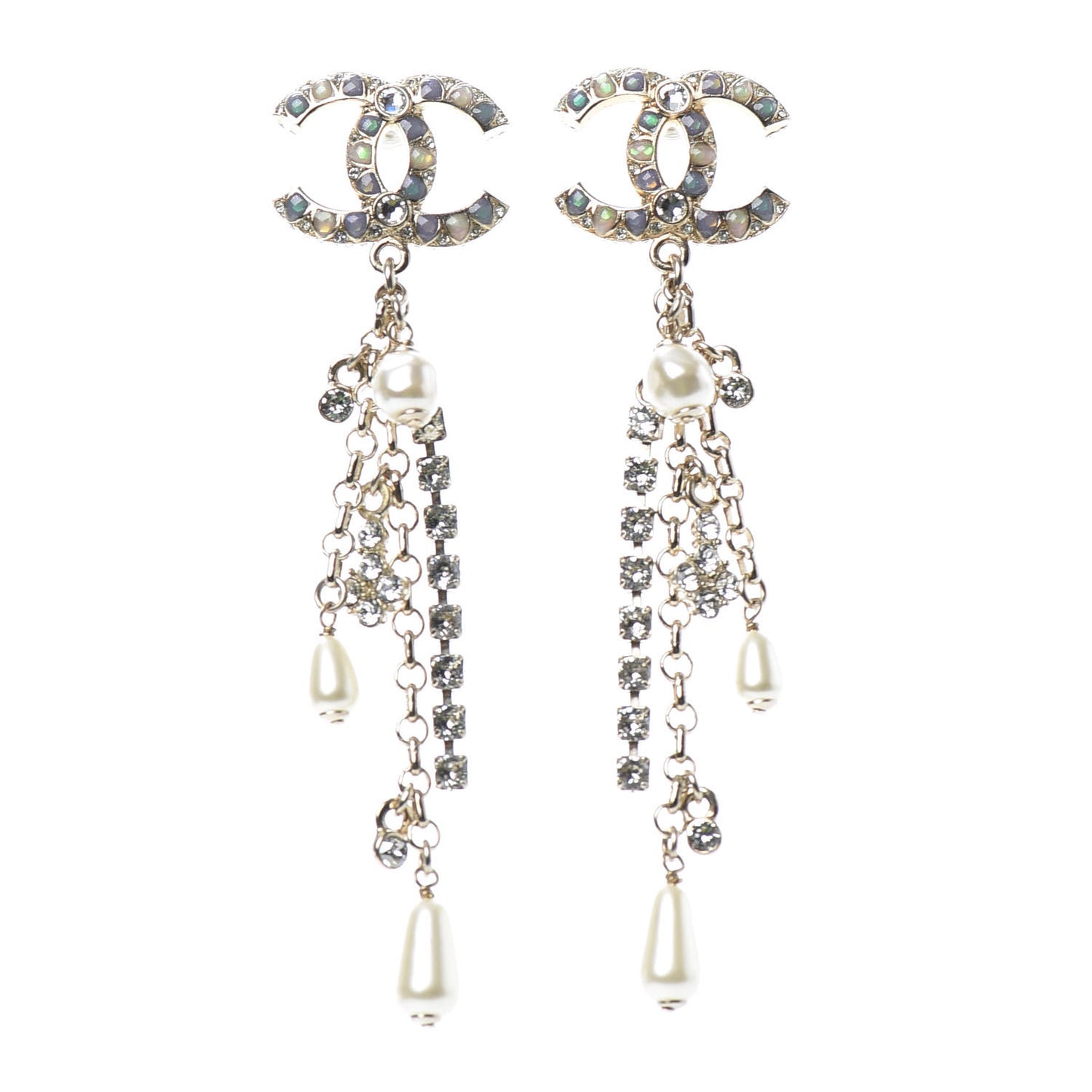Pearl Crystal Chain CC Dangle Earrings Gold