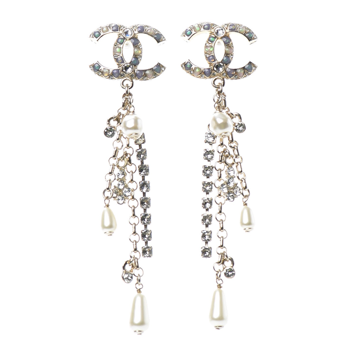 Chanel Pearl Crystal Chain CC Dangle Earrings Gold 1 of 4