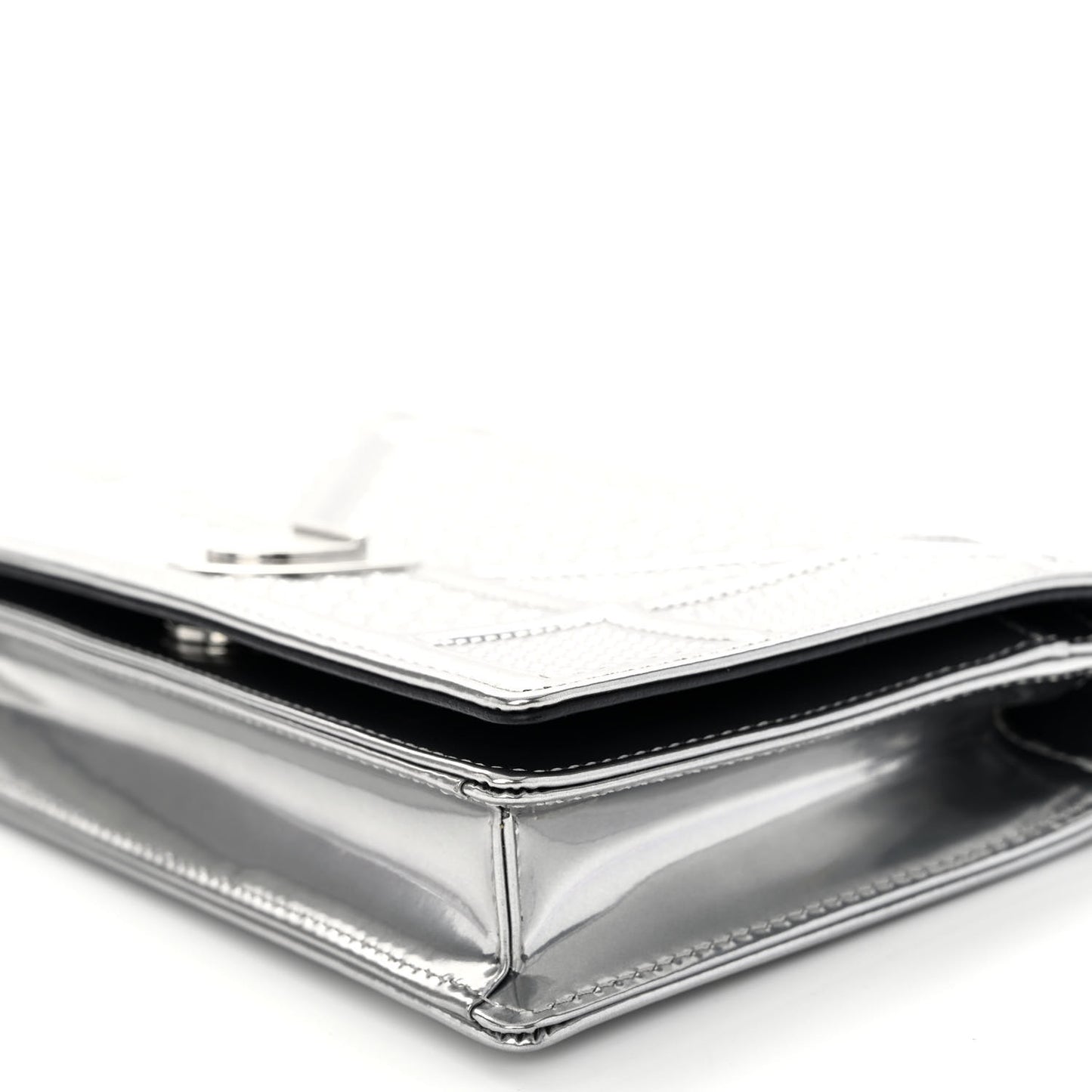 Metallic Patent Micro-Cannage Diorama Wallet on Chain Pouch Silver