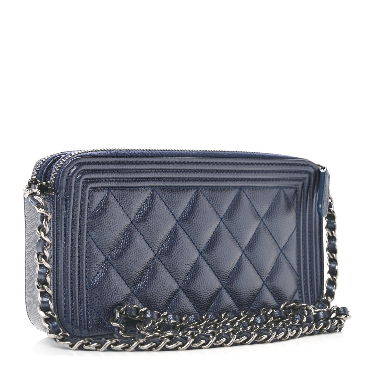 Metallic Caviar Quilted Small Boy Clutch With Chain Navy