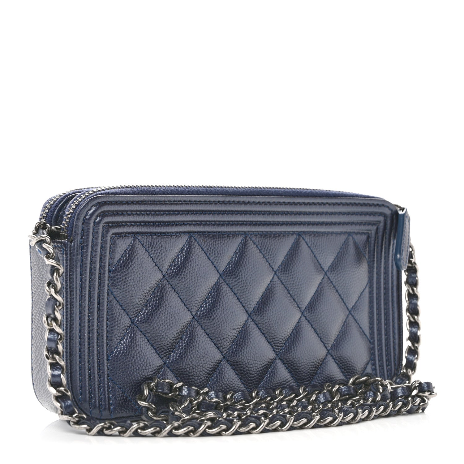 Chanel Metallic Caviar Quilted Small Boy Clutch With Chain Navy 3 of 13