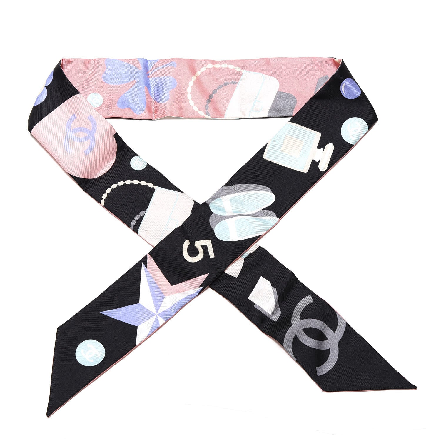 Chanel Silk Twill Slim Bandeau Scarf Pink Black 1 of 3