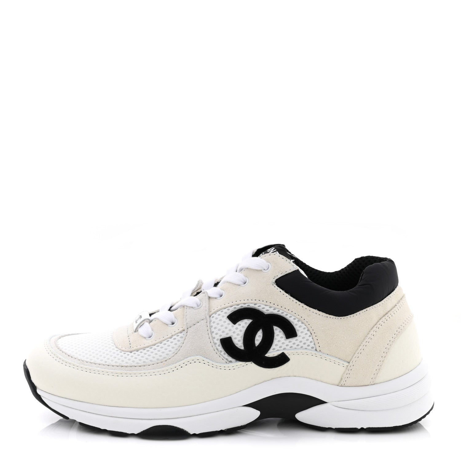 Chanel Mesh Suede Calfskin Grained Calfskin Womens CC Sneakers 40.5 White Black 1 of 10