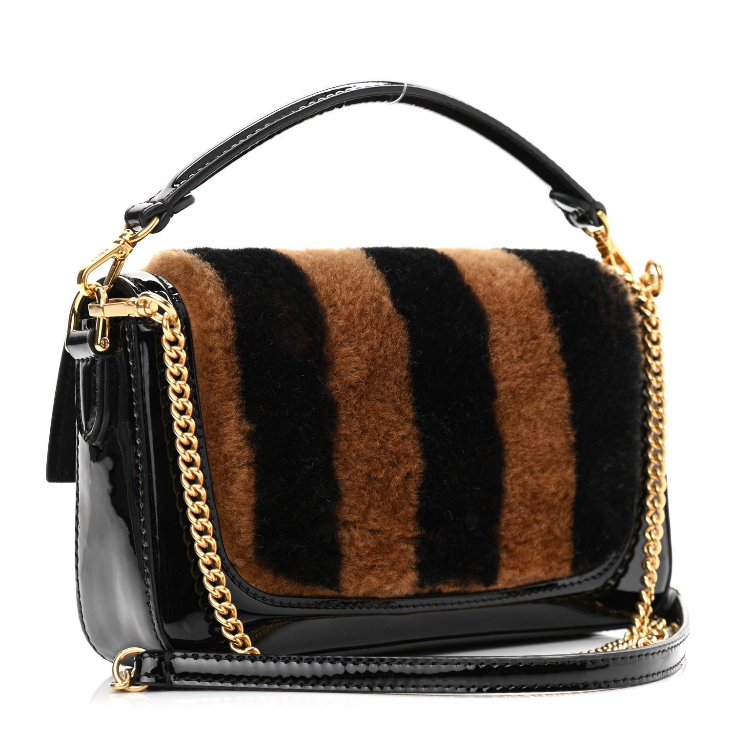 Fendi Shearling Vitello Vernice Mou Pequin Striped Mini Baguette Tobacco Black 3 of 11