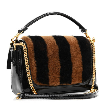 Fendi Shearling Vitello Vernice Mou Pequin Striped Mini Baguette Tobacco Black 3 of 11
