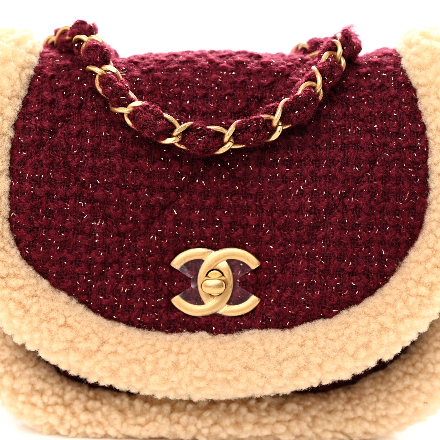 Chanel Tweed Shearling Quilted Messenger Flap Burgundy 8 of 10