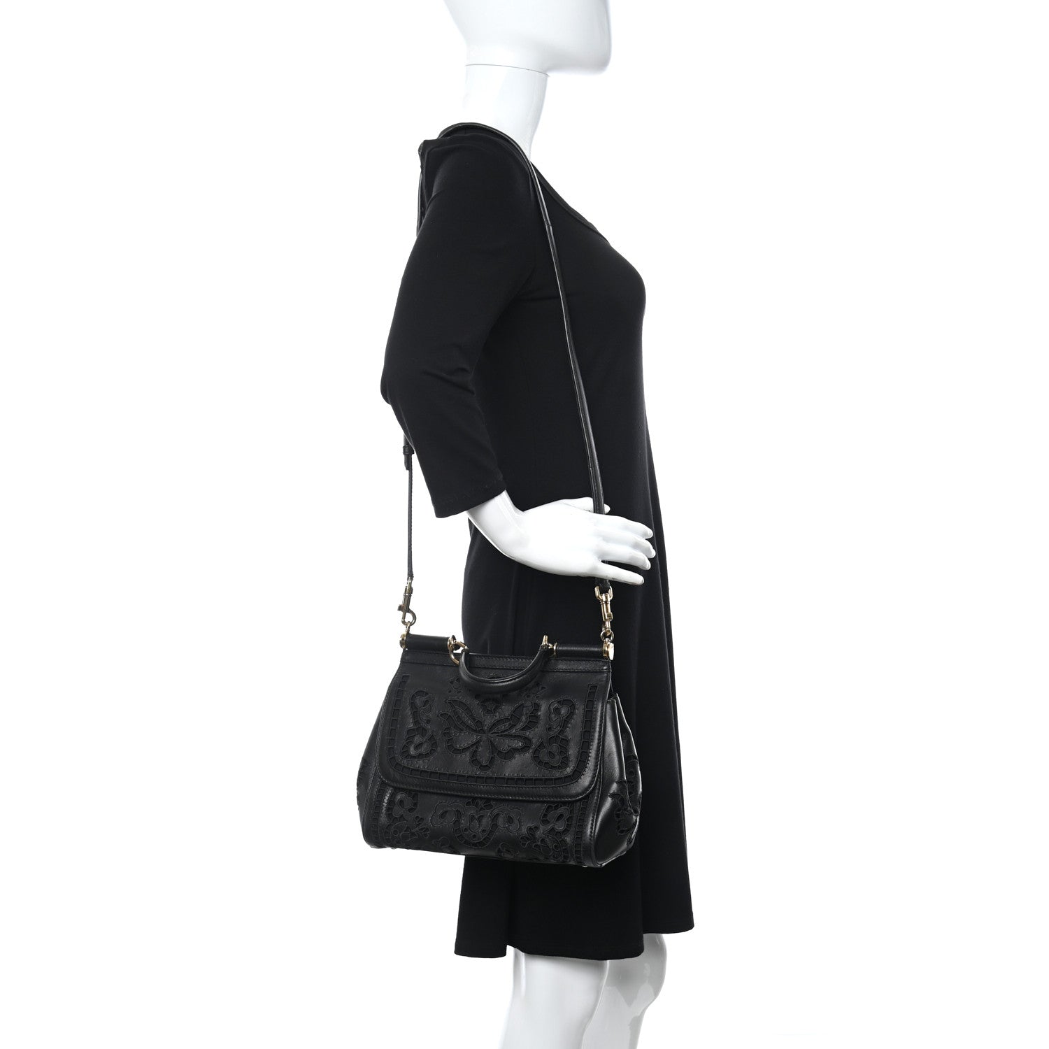 Dolce & Gabbana Lambskin Medium Embroidered Laser Cut Miss Sicily Satchel Black 2 of 11