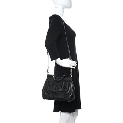 Dolce & Gabbana Lambskin Medium Embroidered Laser Cut Miss Sicily Satchel Black 2 of 11