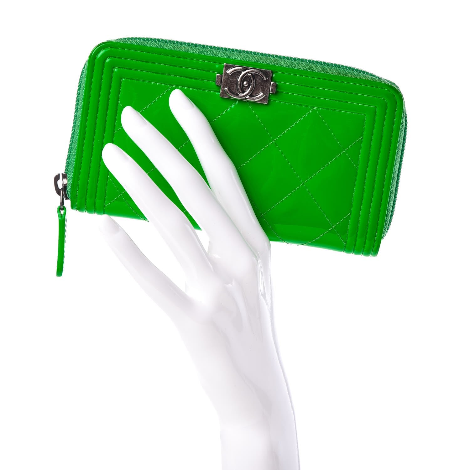 Chanel Patent Quilted Small Boy Zip Around Wallet Green 2 of 14