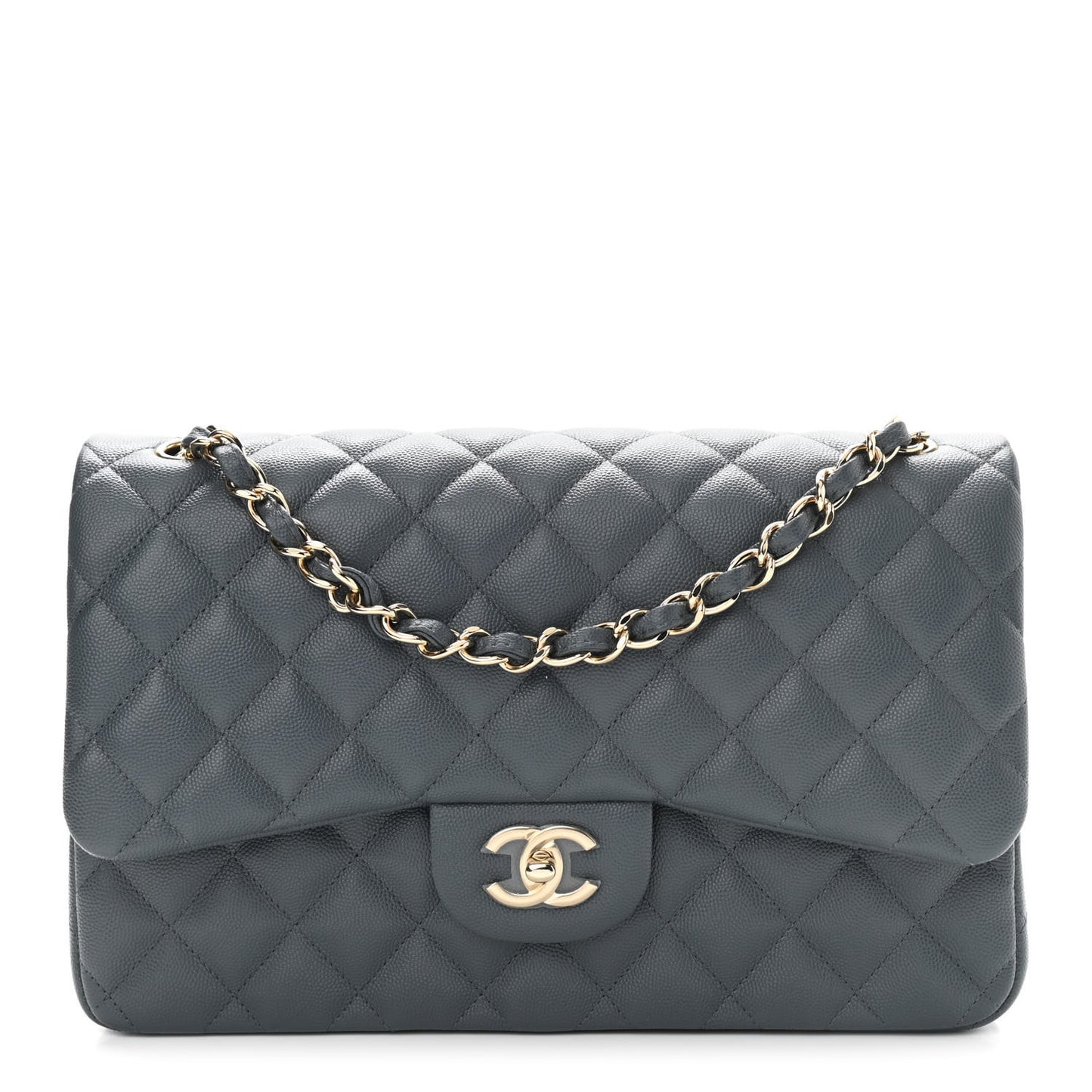 Caviar Quilted Jumbo Double Flap Grey