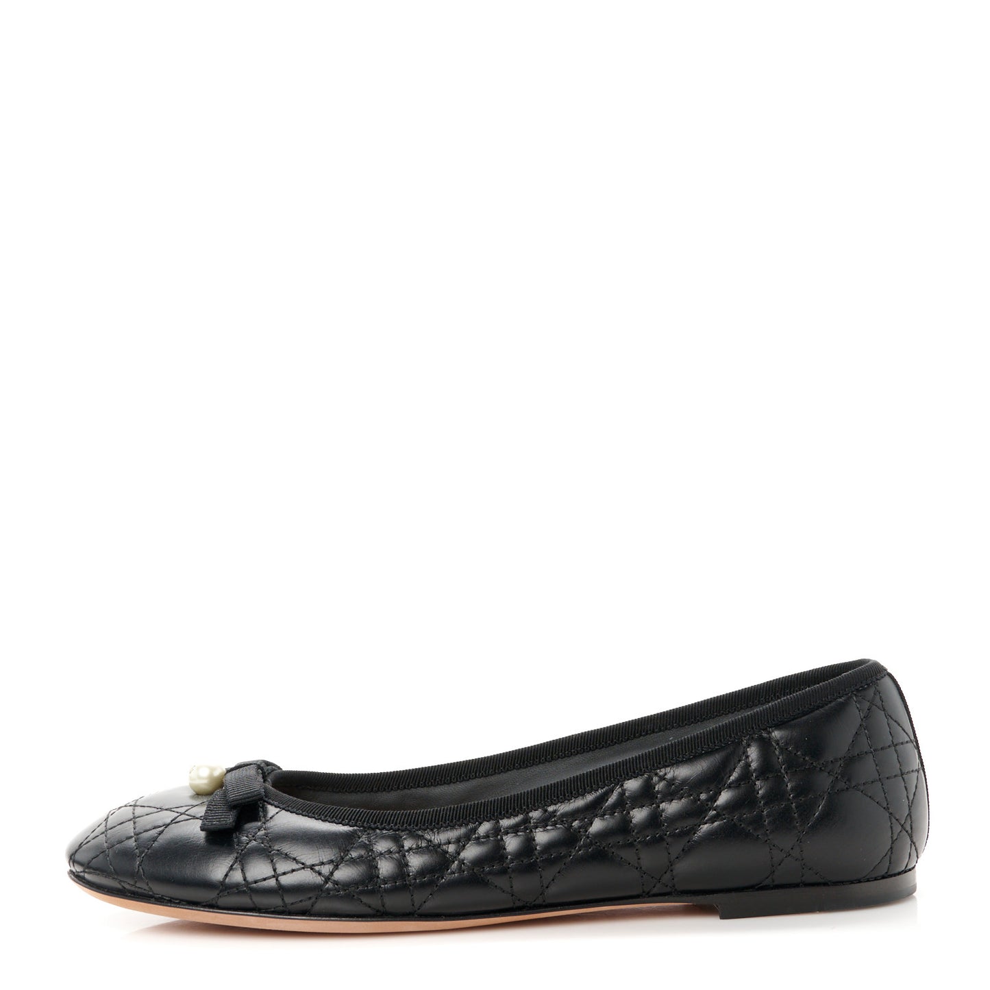 Calfskin Cannage Pearl Bow Ballet Flats 39 Black