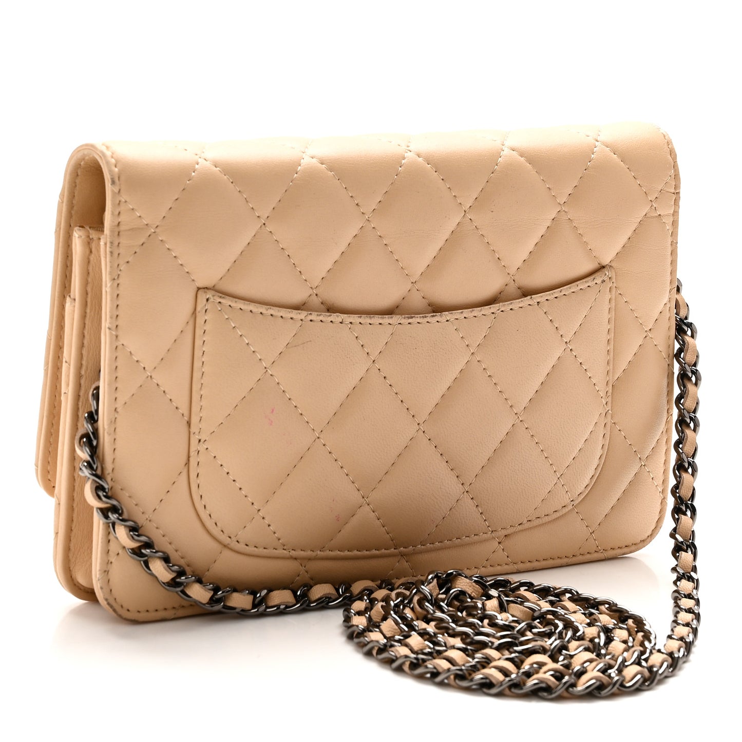 Lambskin Quilted Wallet On Chain WOC Beige