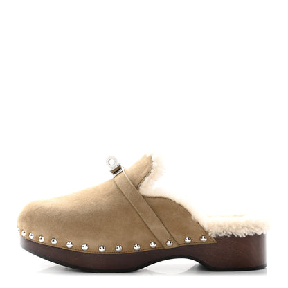 Hermes Suede Goatskin Woolskin Carlotta Mules 37 Beige Gobi 1 of 14