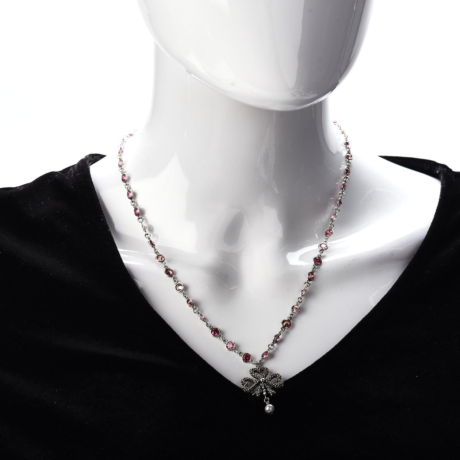 Gucci Sterling Silver Crystal Pearl Heart Ribbon Pendant Necklace 2 of 5