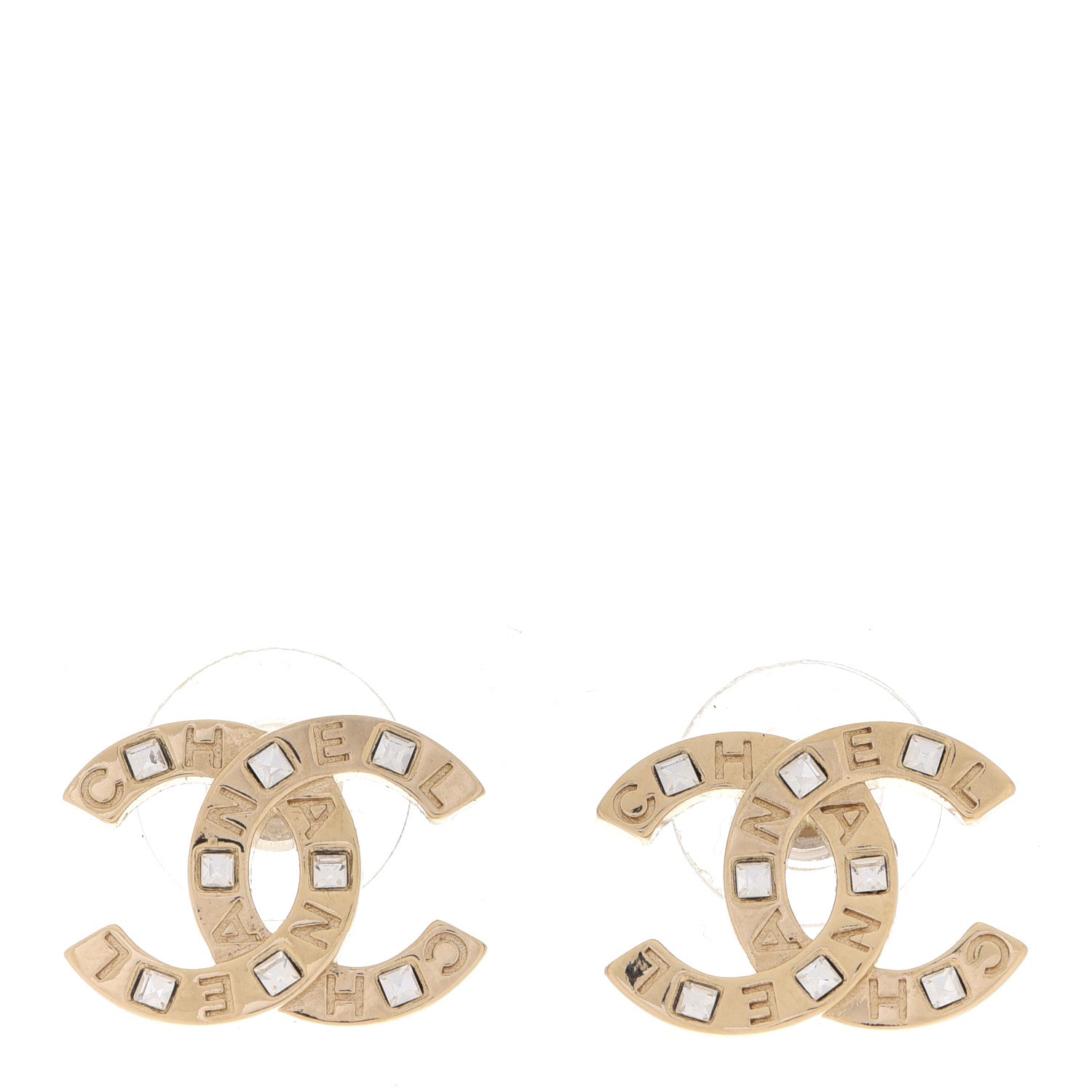 Chanel Crystal Metal CC Paris Button Stud Earrings Gold 1 of 5