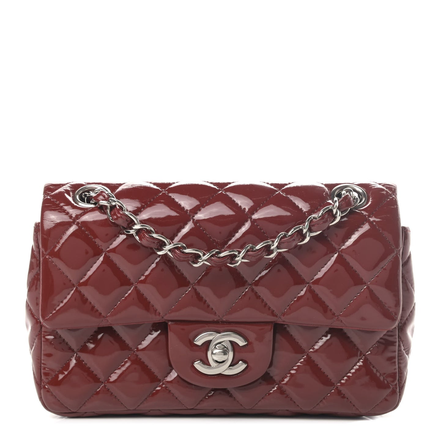 Patent Calfskin Quilted Mini Rectangular Flap Dark Red