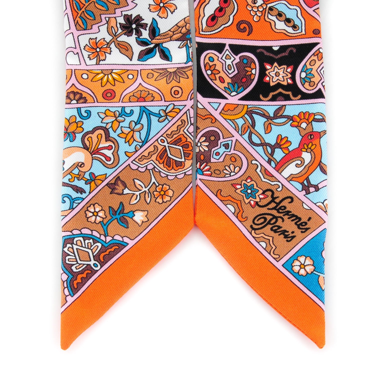 Hermes Silk Au Pays Des Oiseaux Fleurs Twilly Orange Brun Saumon 3 of 6