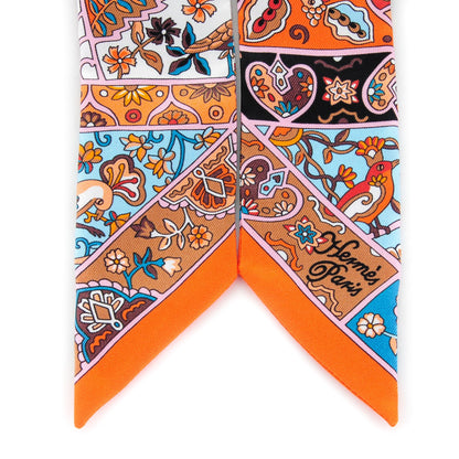 Hermes Silk Au Pays Des Oiseaux Fleurs Twilly Orange Brun Saumon 3 of 6