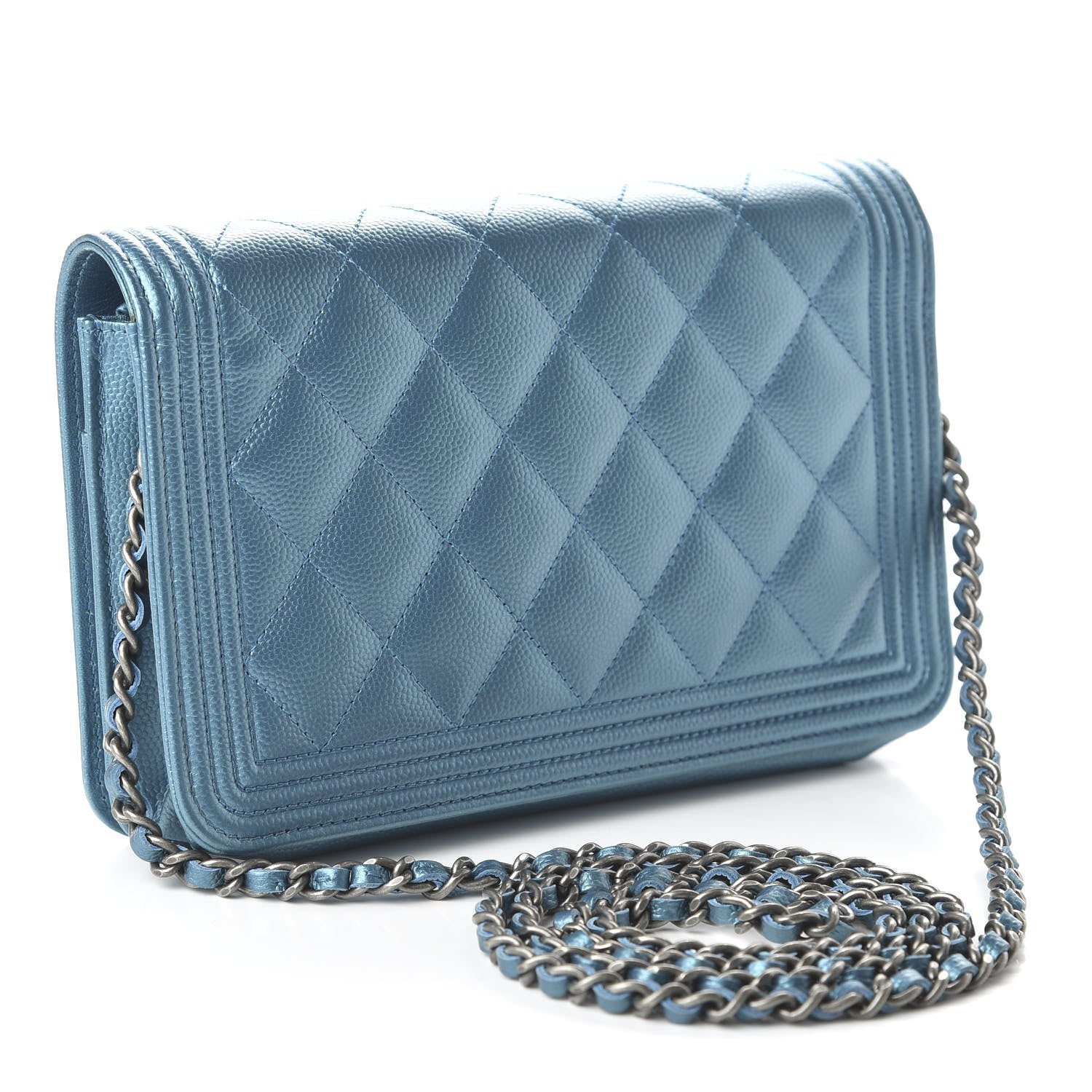Chanel Metallic Caviar Quilted Boy Wallet On Chain WOC Turquoise 3 of 12