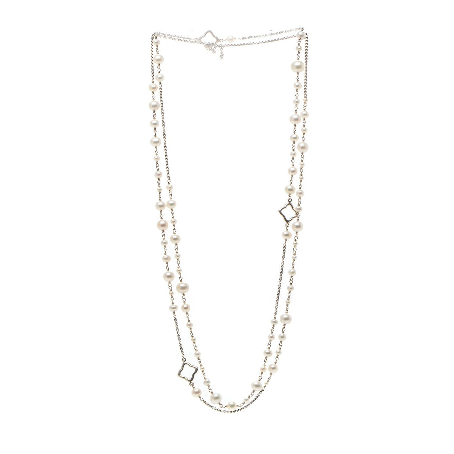 Sterling Silver Pearl 7.5mm Quatrefoil Long Chain Necklace