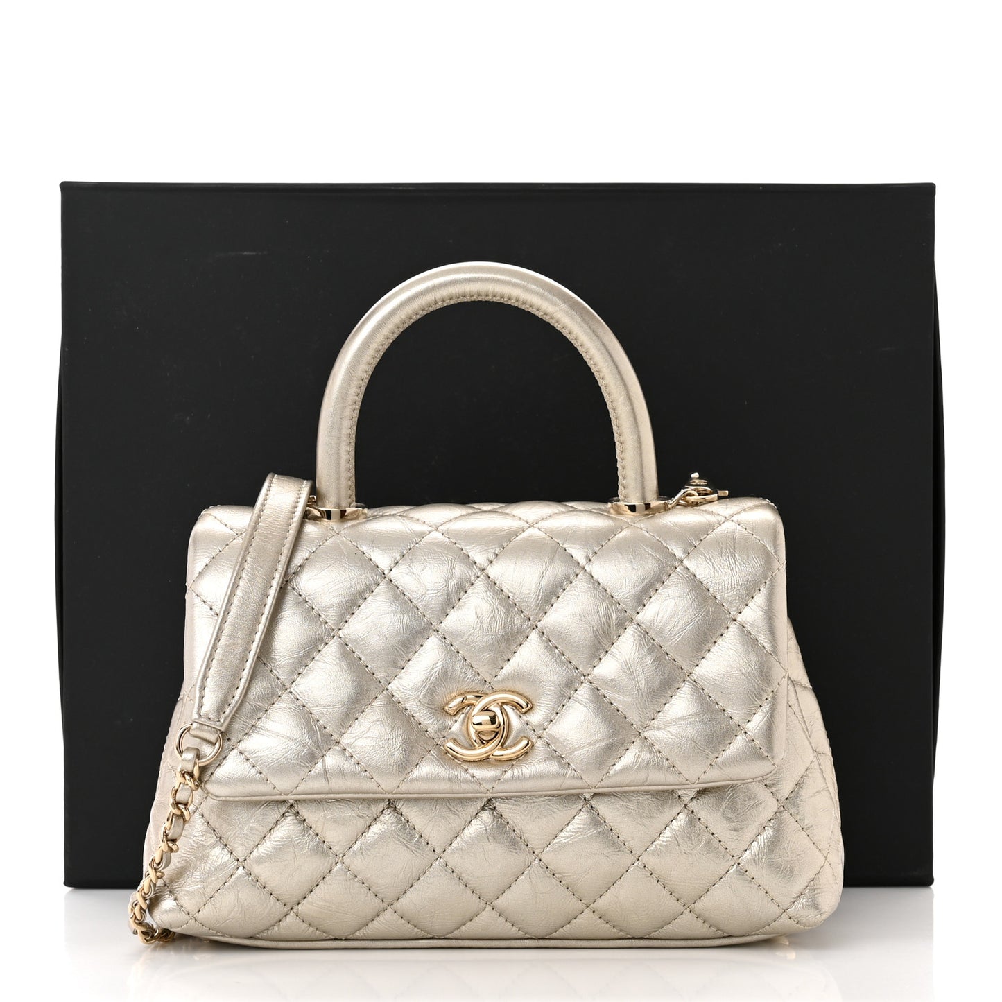 Metallic Aged Calfskin Quilted Mini Coco Handle Flap Gold