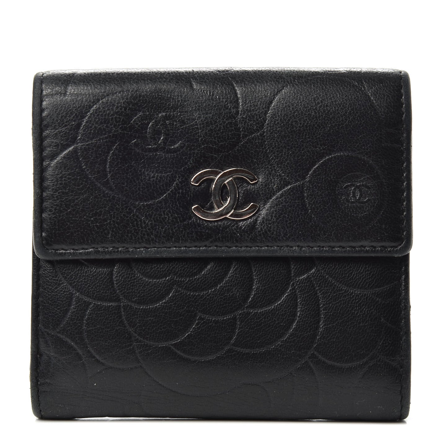 Lambskin Camellia Embossed French Wallet Black