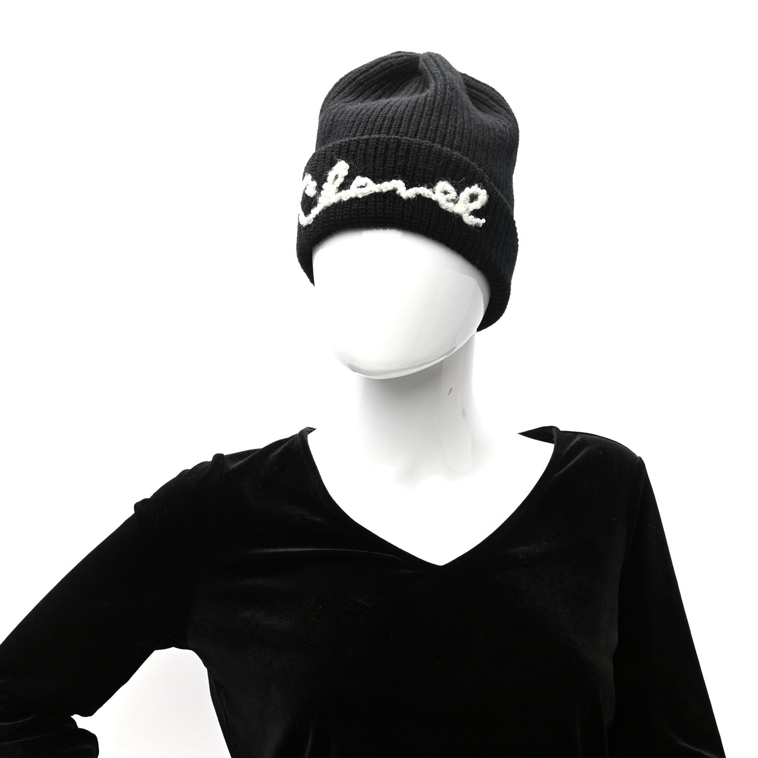 Chanel Cashmere Logo Beanie Hat Black White 2 of 4
