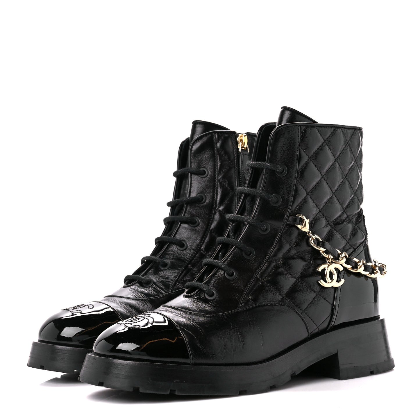 Shiny Calfskin Patent Quilted Chain Lace Up Combat Boots 39 Black
