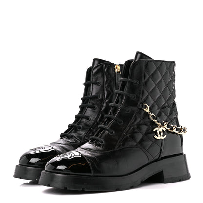 Chanel Shiny Calfskin Patent Quilted Chain Lace Up Combat Boots 39 Black 3 of 9