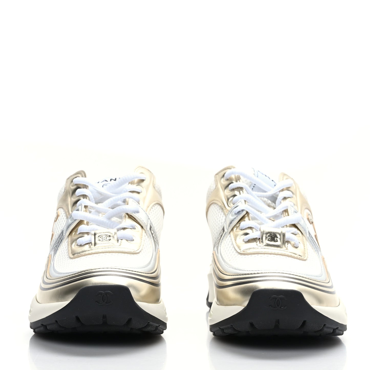 Fabric Laminated Calfskin Stretch CC Sneakers 37 White Gold Silver
