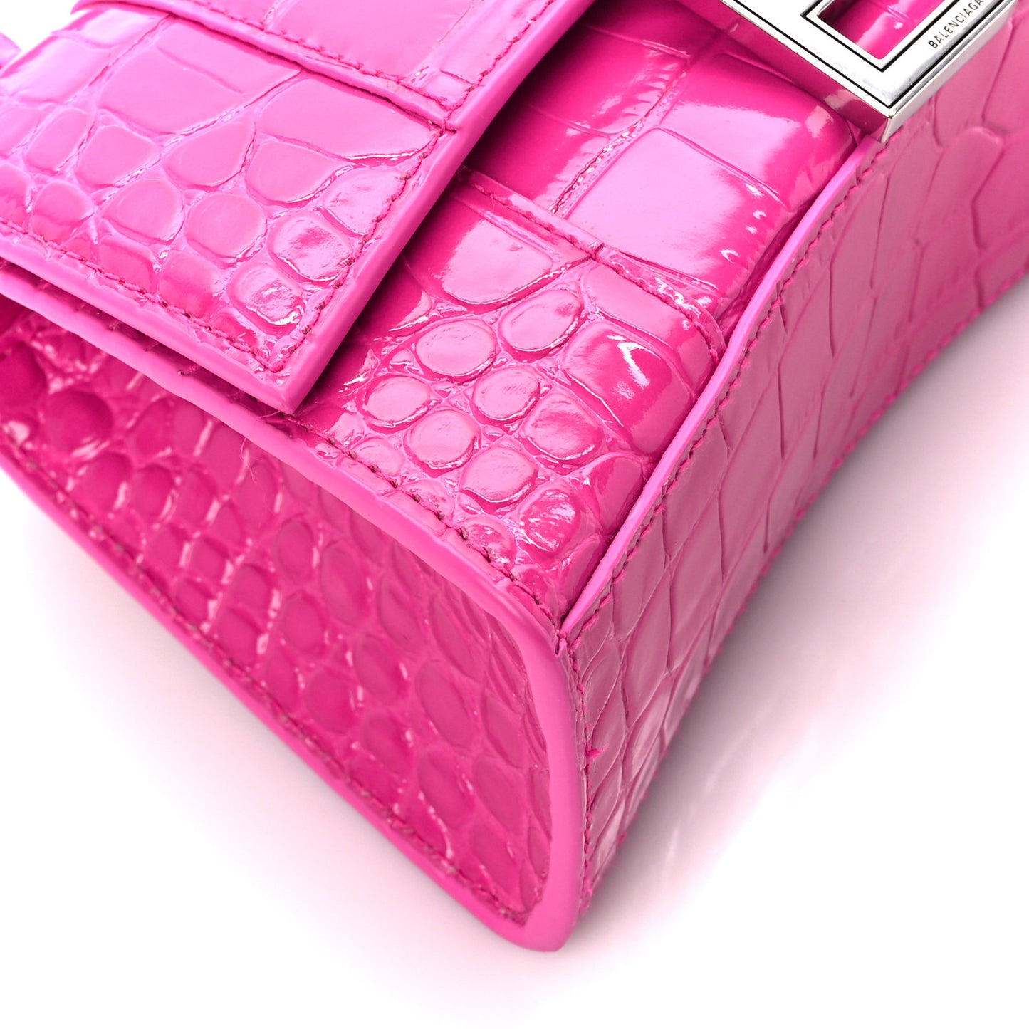 Shiny Calfskin Crocodile Embossed Hourglass Top Handle Bag XS Lipstick Pink