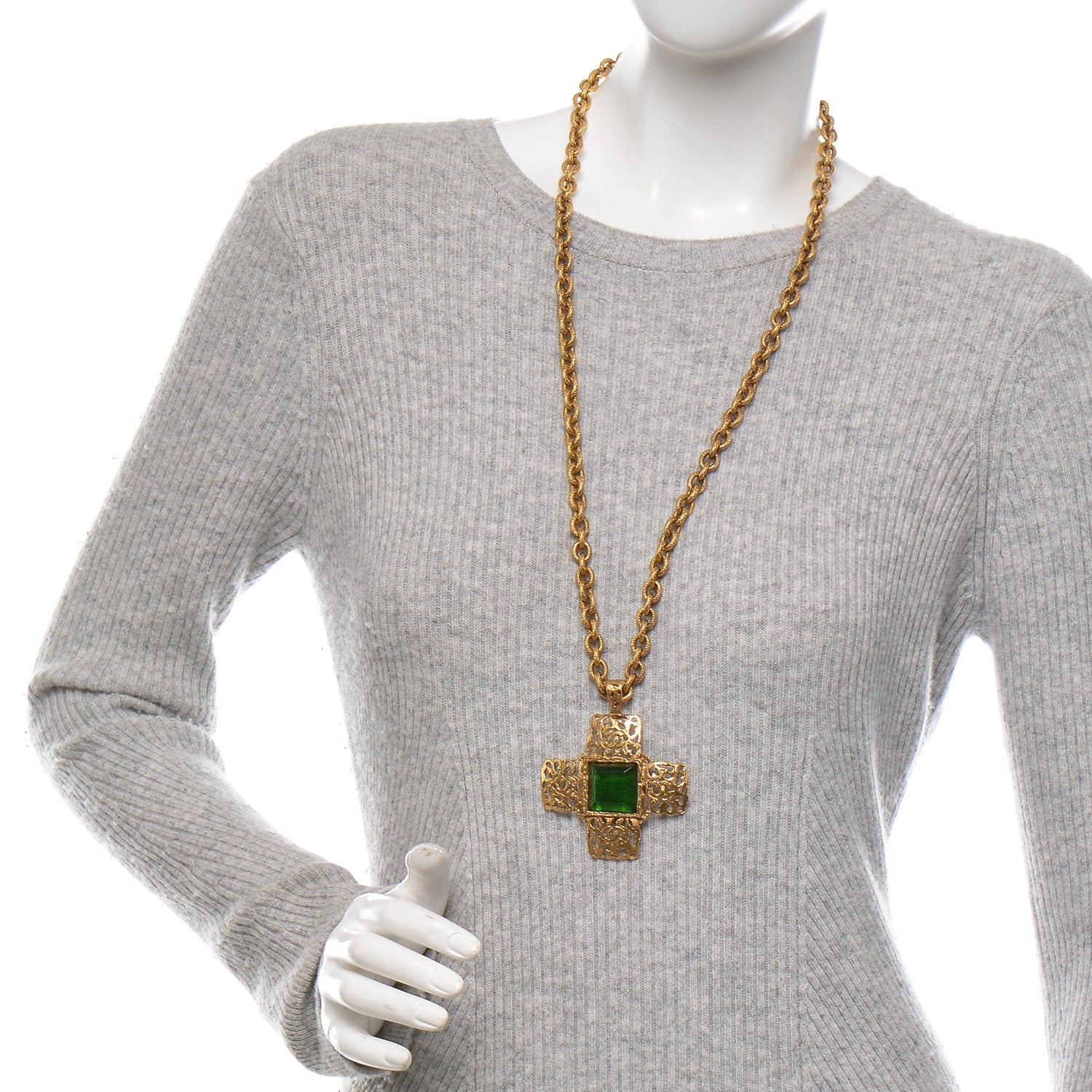 Chanel Gripoix CC Cross Pendant Necklace Green Gold 2 of 6