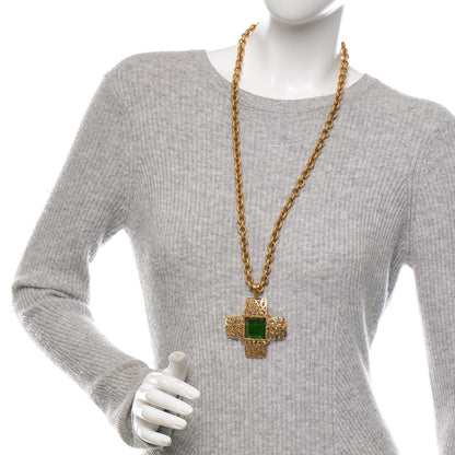 Chanel Gripoix CC Cross Pendant Necklace Green Gold 2 of 6