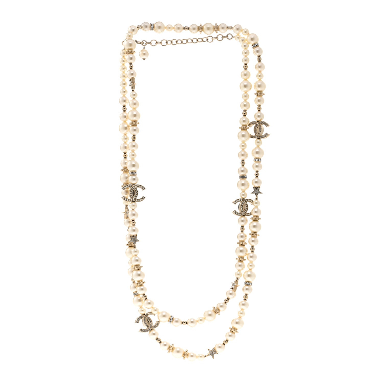 Chanel Metal Crystal Pearl CC Star Long Necklace Gold 3 of 6