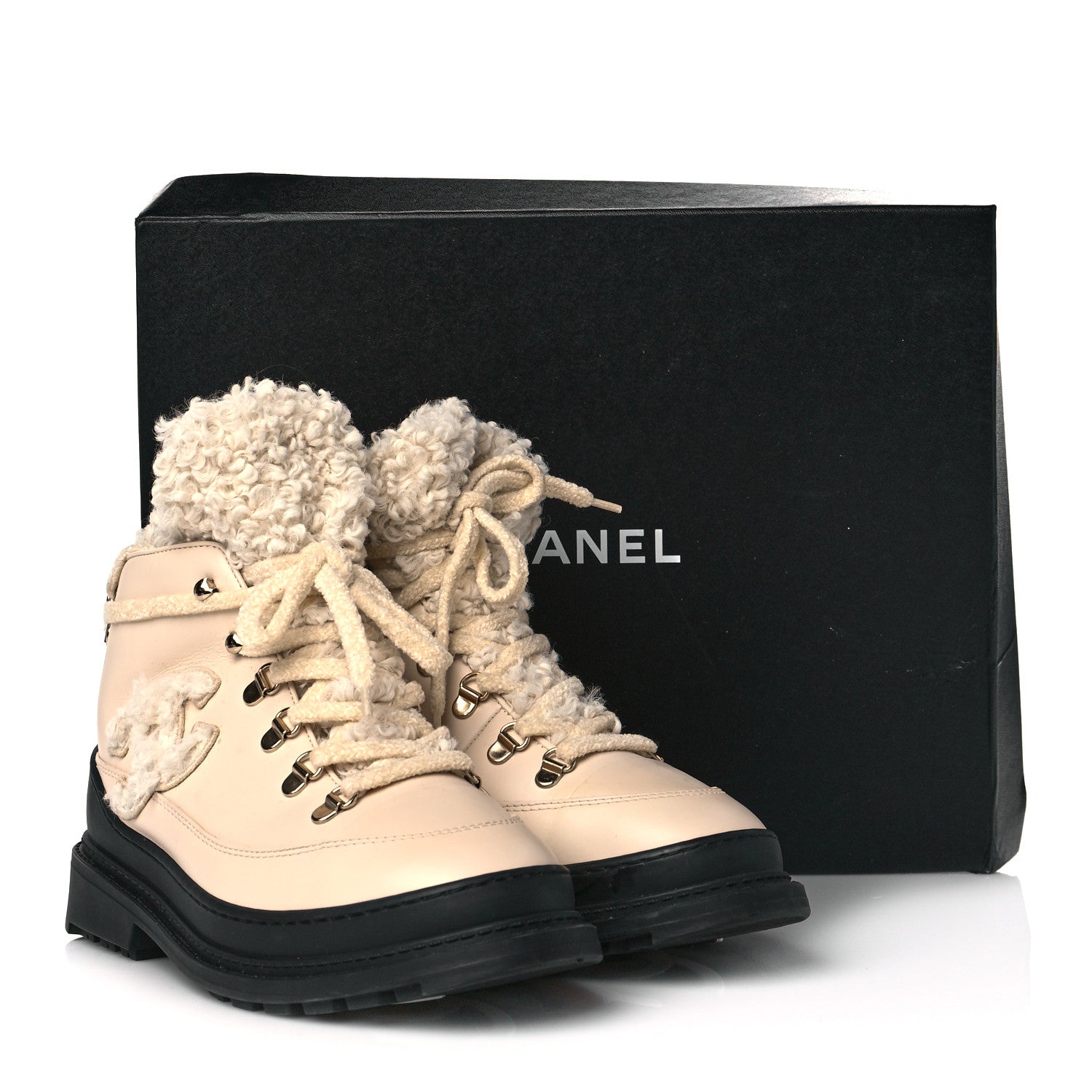 Chanel Calfskin Shearling CC Lace Up Boots 38 Light Beige Ivory 8 of 8