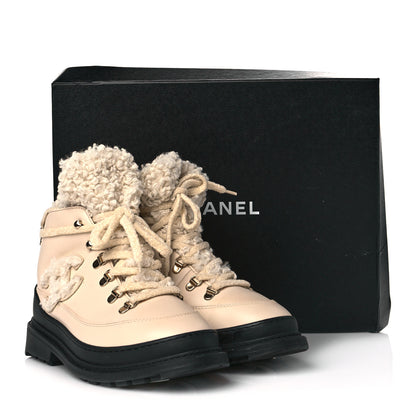 Chanel Calfskin Shearling CC Lace Up Boots 38 Light Beige Ivory 8 of 8